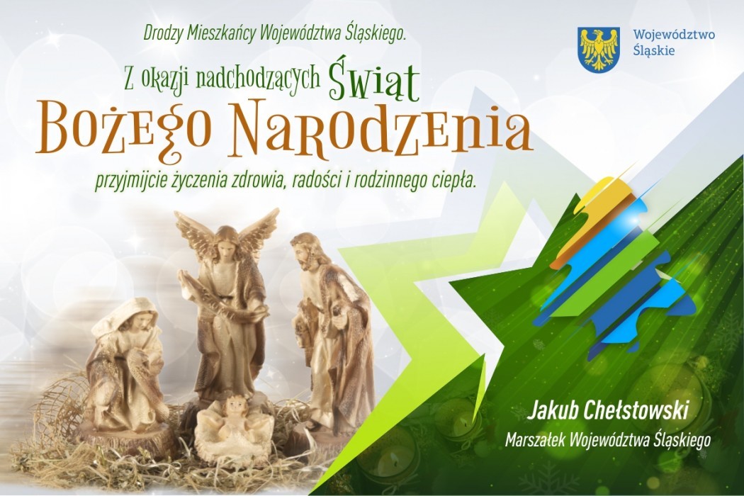 Kartka świąteczna. Lewy górny róg napis "Życzenia Bożonarodzeniowe". Pod napisem figurki Marii, Juzefa, małego Jezusa