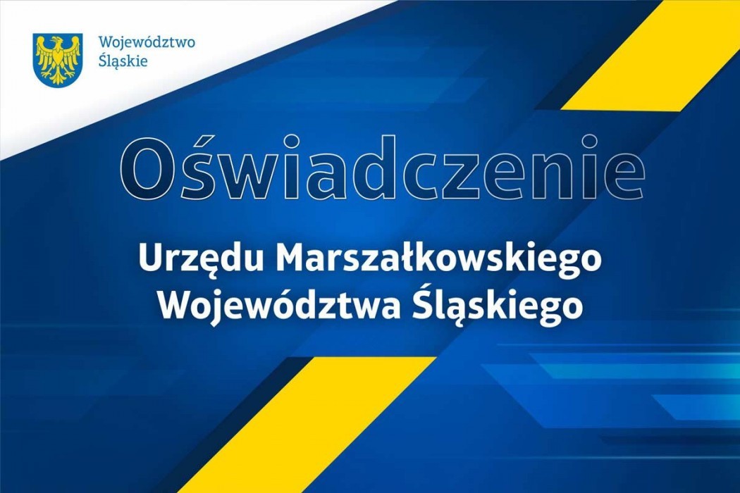 Na środku jest duży biały napis "Oświadczenie" i pod nim od kogo. Lewy górny róg jest logo Urzędu Marszałkowskiego